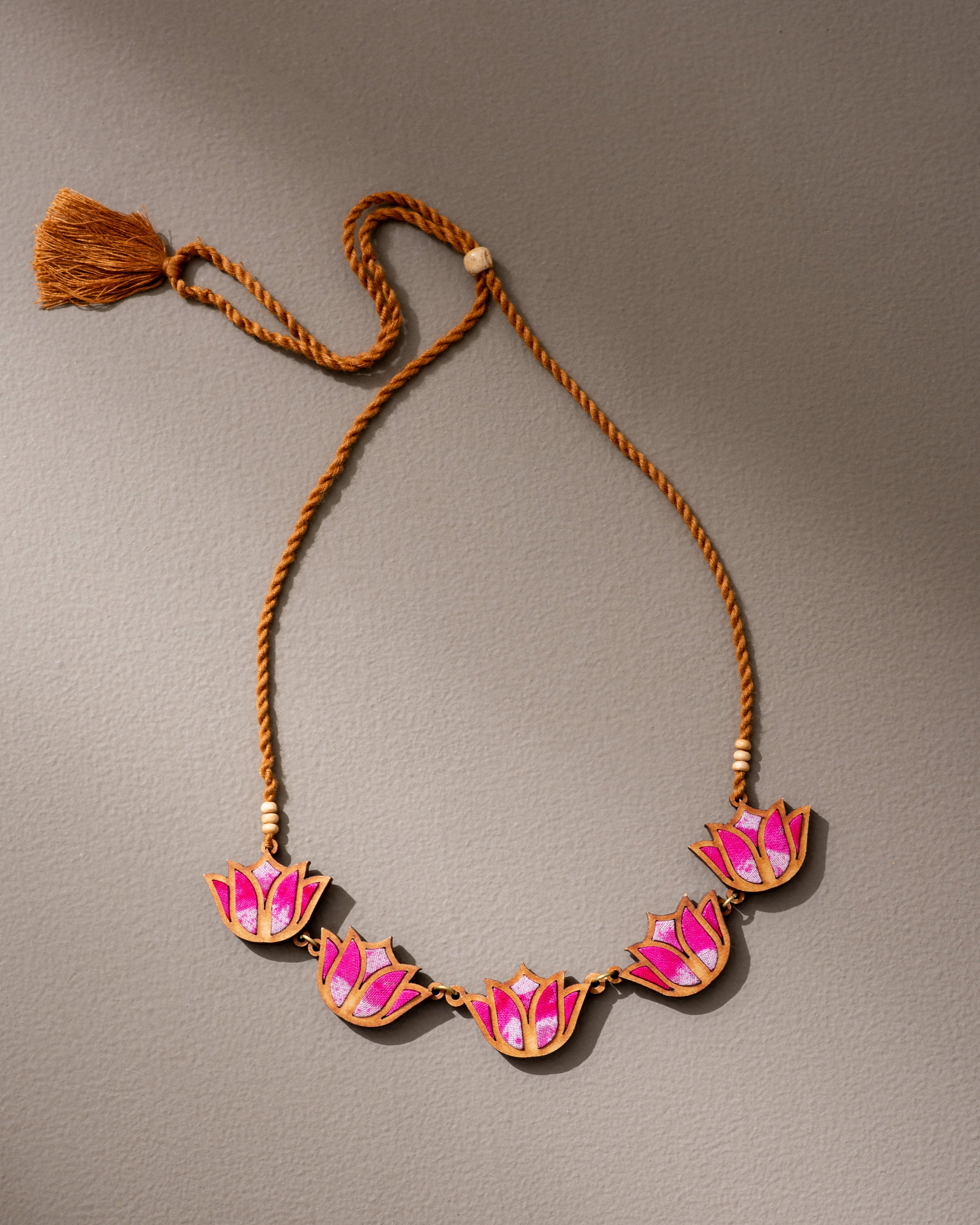 Whe Shades of Pink Bloom Lotus Repurposed Fabric and Wood Necklace