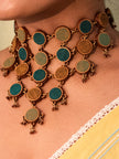 WHE Shades of Green Repurposed Fabric and Wood Adjustable Statement Necklace