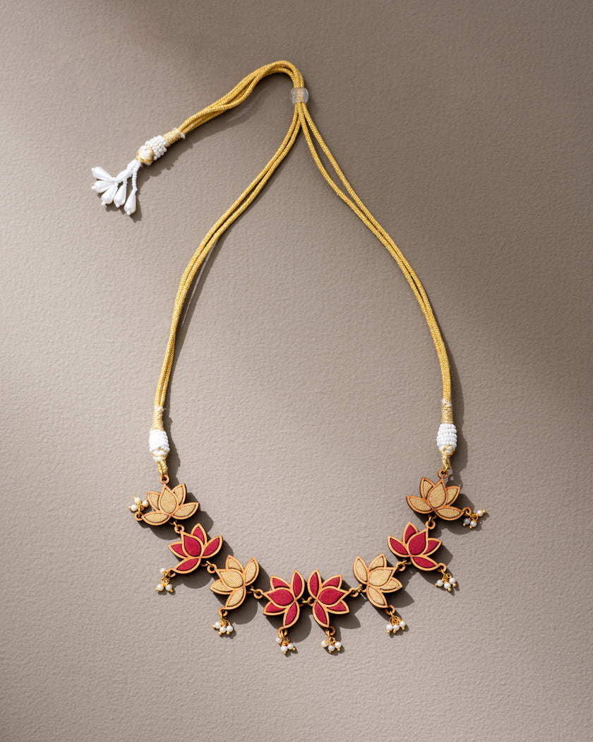 WHE Red and Gold Festive Lotus Repurposed Fabric and Wood Statement Choker