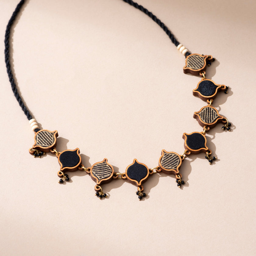 WHE Black Festive Repurposed Fabric and Wood Choker Necklace