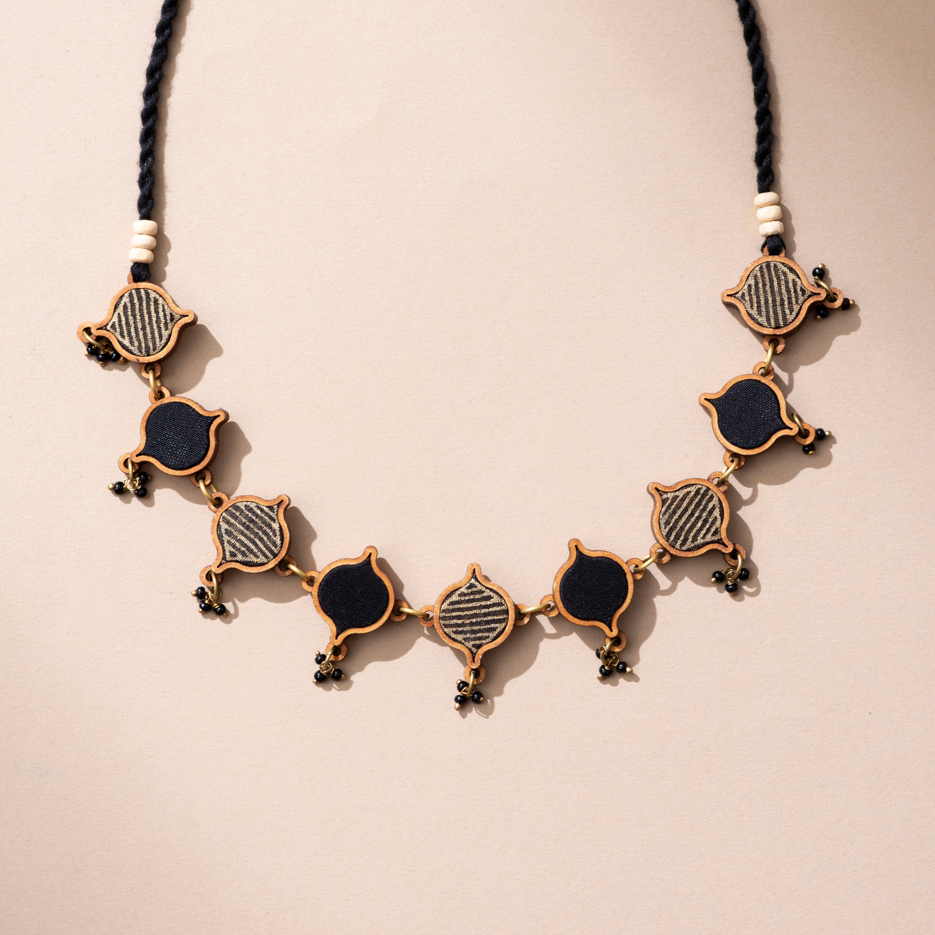 WHE Black Festive Repurposed Fabric and Wood Choker Necklace