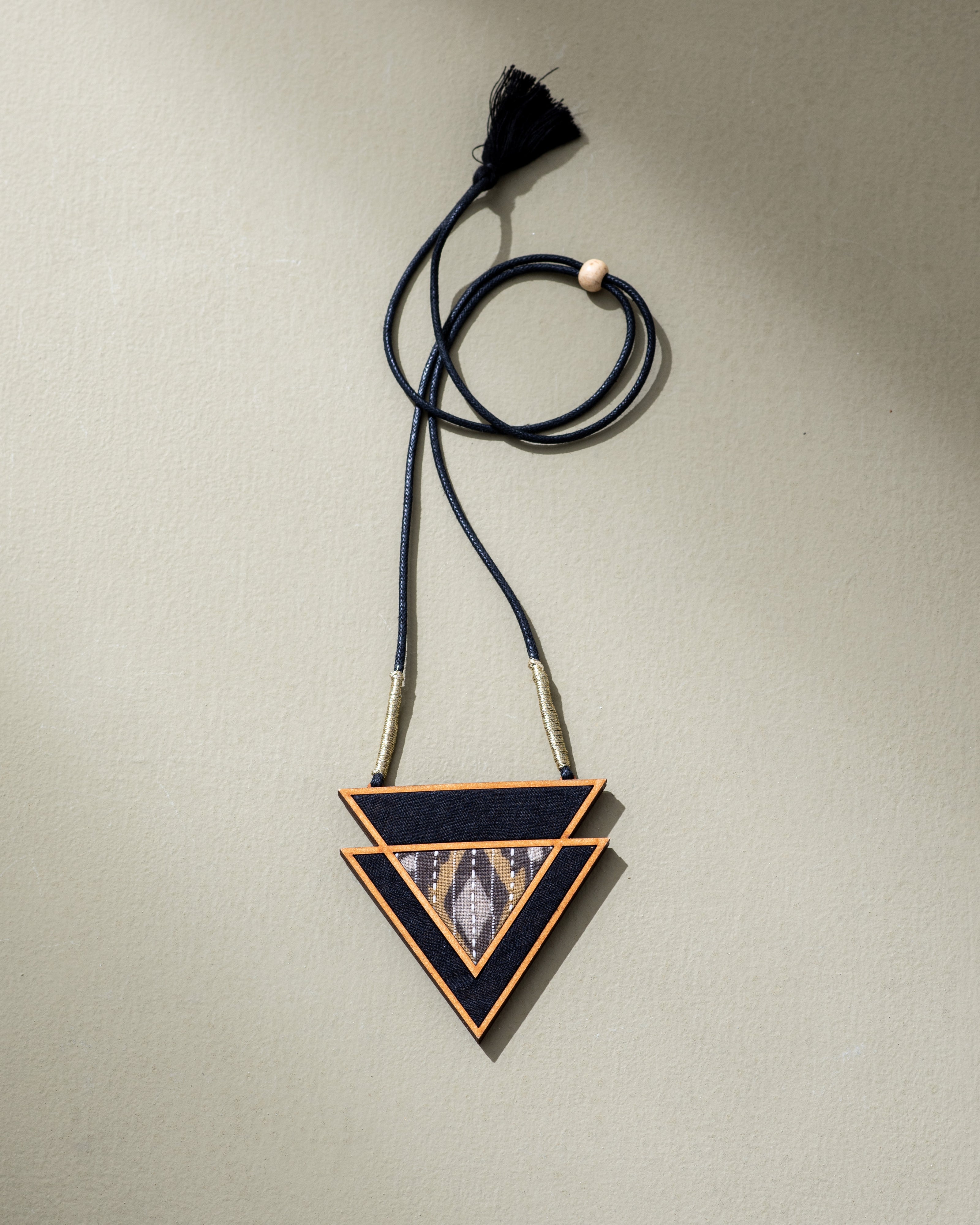 WHE Brown Repurposed Fabric and Wood Triangular Necklace