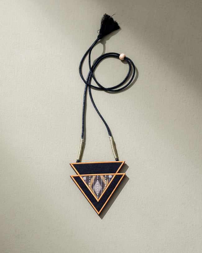 WHE Brown Repurposed Fabric and Wood Triangular Necklace