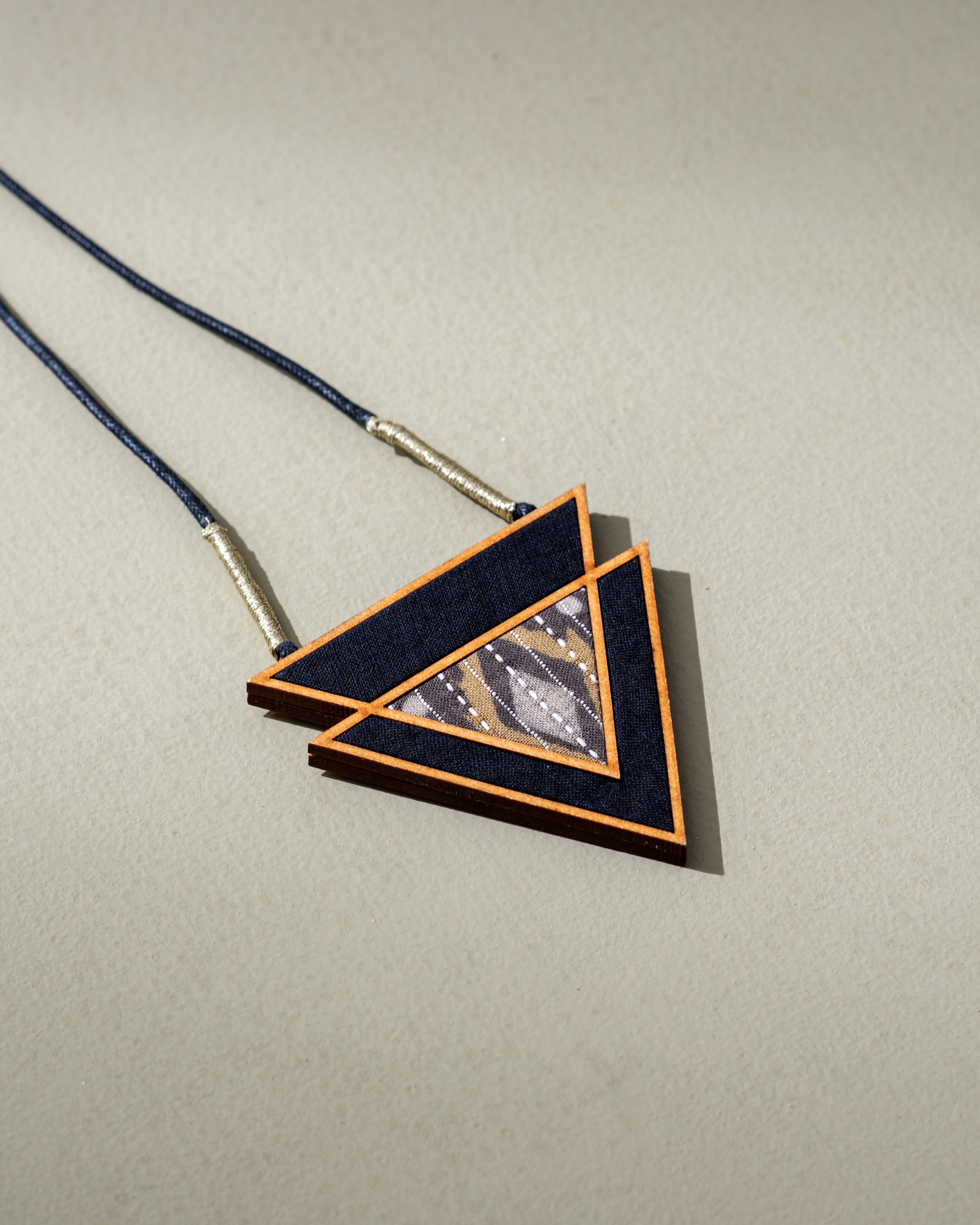 WHE Brown Repurposed Fabric and Wood Triangular Necklace