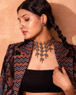 WHE Blue Ajrakh Repurposed Fabric and Wood Adjustable Statement Necklace