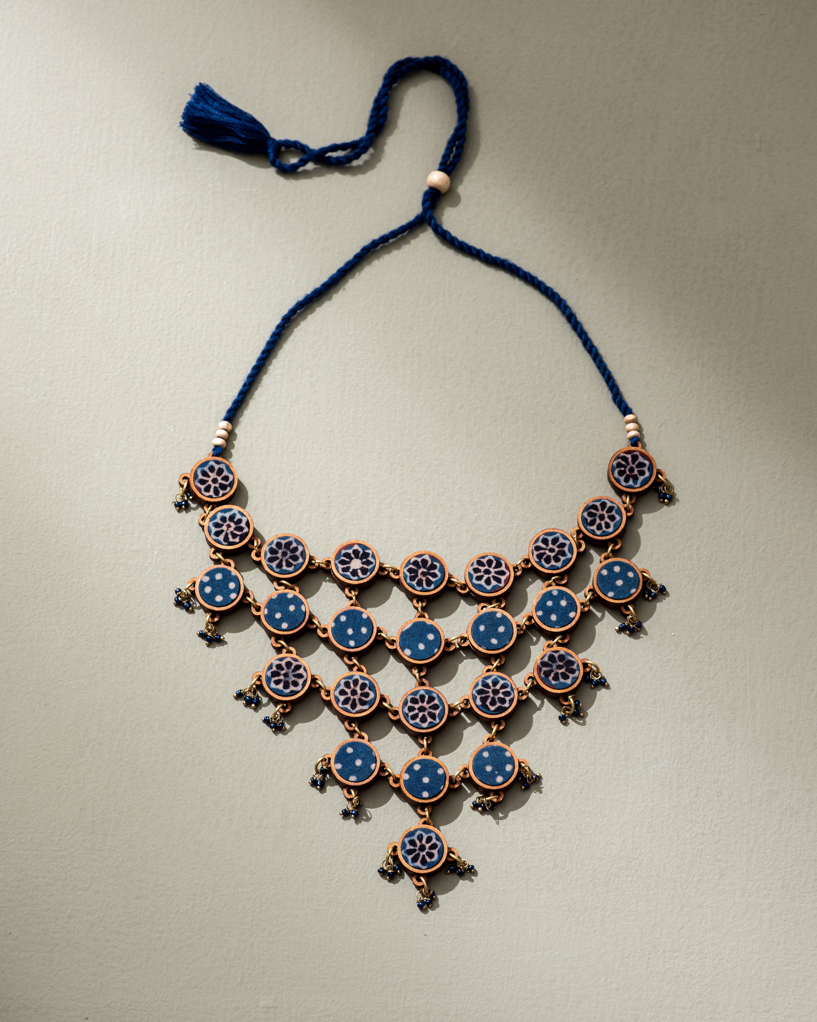 WHE Blue Ajrakh Repurposed Fabric and Wood Adjustable Statement Necklace