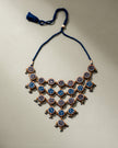 WHE Blue Ajrakh Repurposed Fabric and Wood Adjustable Statement Necklace