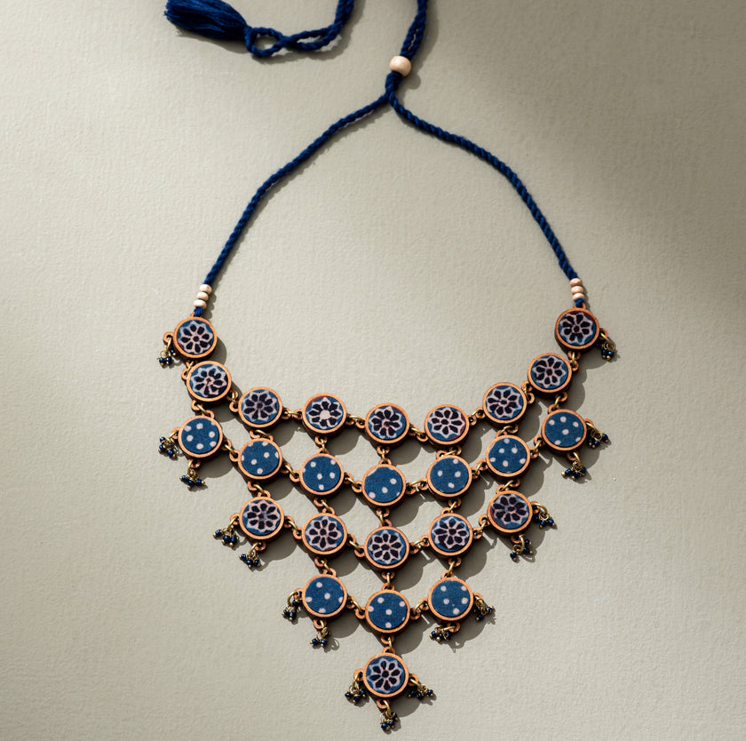 WHE Blue Ajrakh Repurposed Fabric and Wood Adjustable Statement Necklace