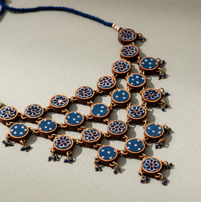 WHE Blue Ajrakh Repurposed Fabric and Wood Adjustable Statement Necklace