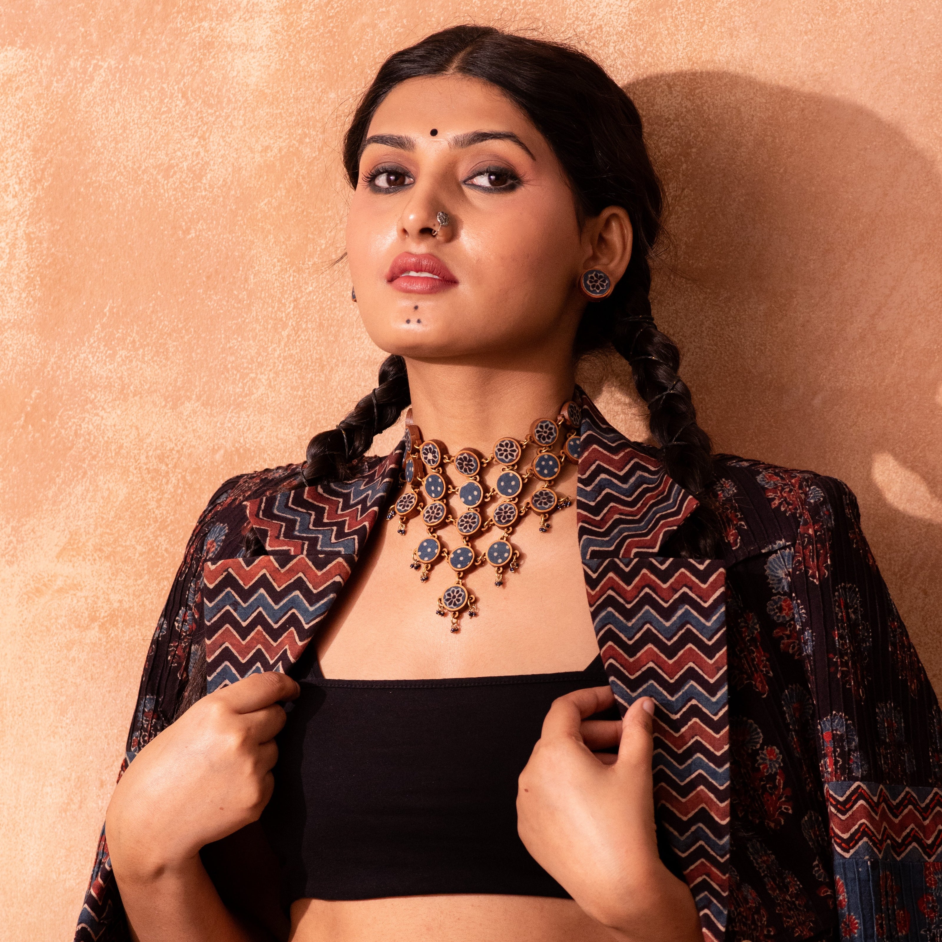 WHE Blue Ajrakh Repurposed Fabric and Wood Adjustable Statement Necklace