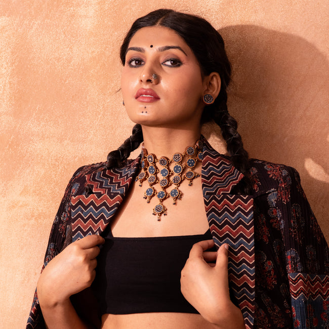 WHE Blue Ajrakh Repurposed Fabric and Wood Adjustable Statement Necklace