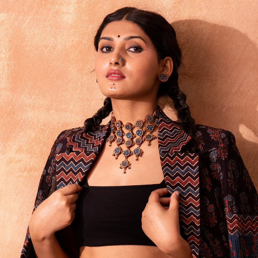 WHE Blue Ajrakh Repurposed Fabric and Wood Adjustable Statement Necklace