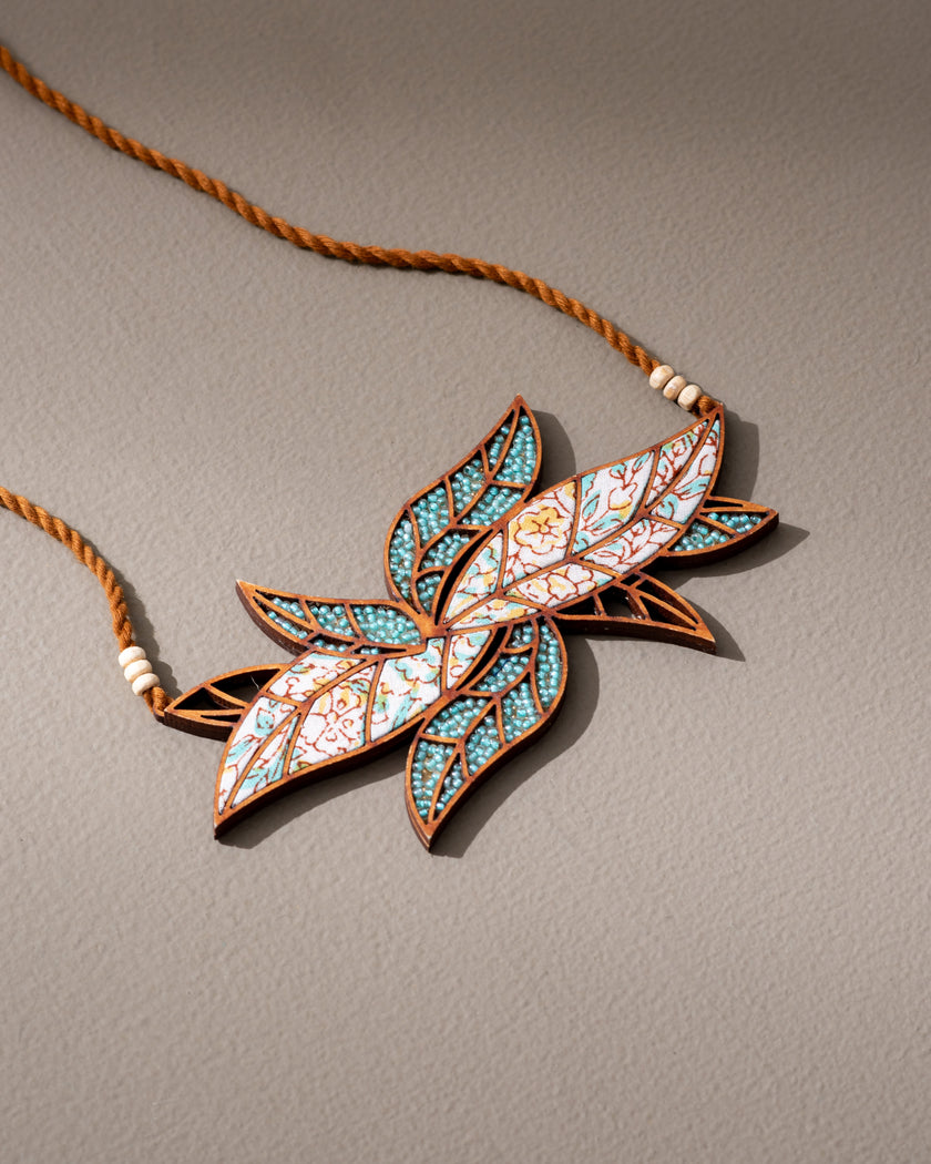 WHE Turquoise White Bloom Leaf Motif Repurposed Fabric and Wood Necklace
