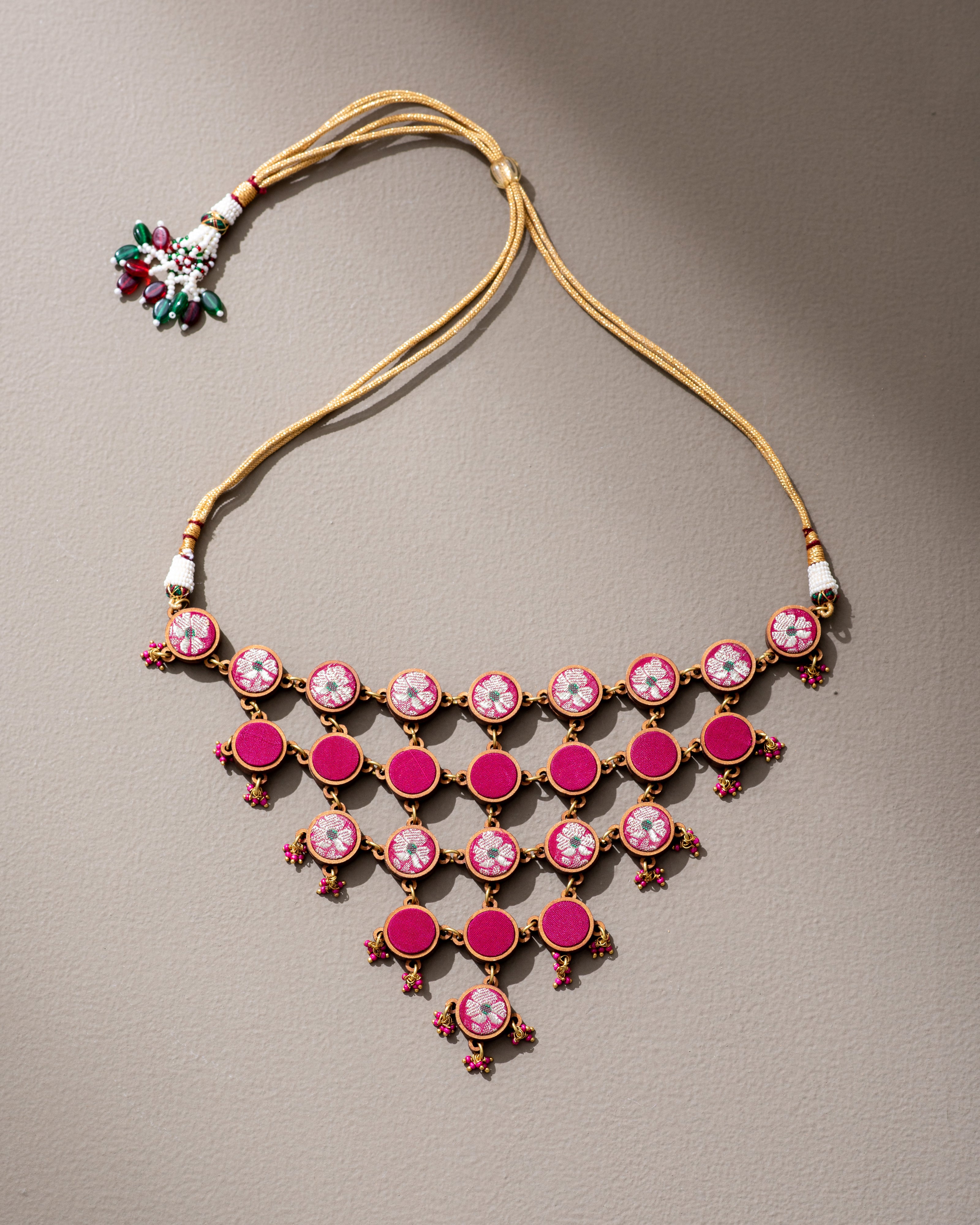 WHE Pink Pure Banarasi Repurposed Fabric and Wood Adjustable Statement Necklace