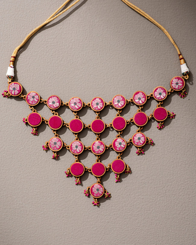 WHE Pink Pure Banarasi Repurposed Fabric and Wood Adjustable Statement Necklace