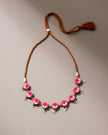 WHE Pink Repurposed Fabric and Wood Flower Choker Necklace