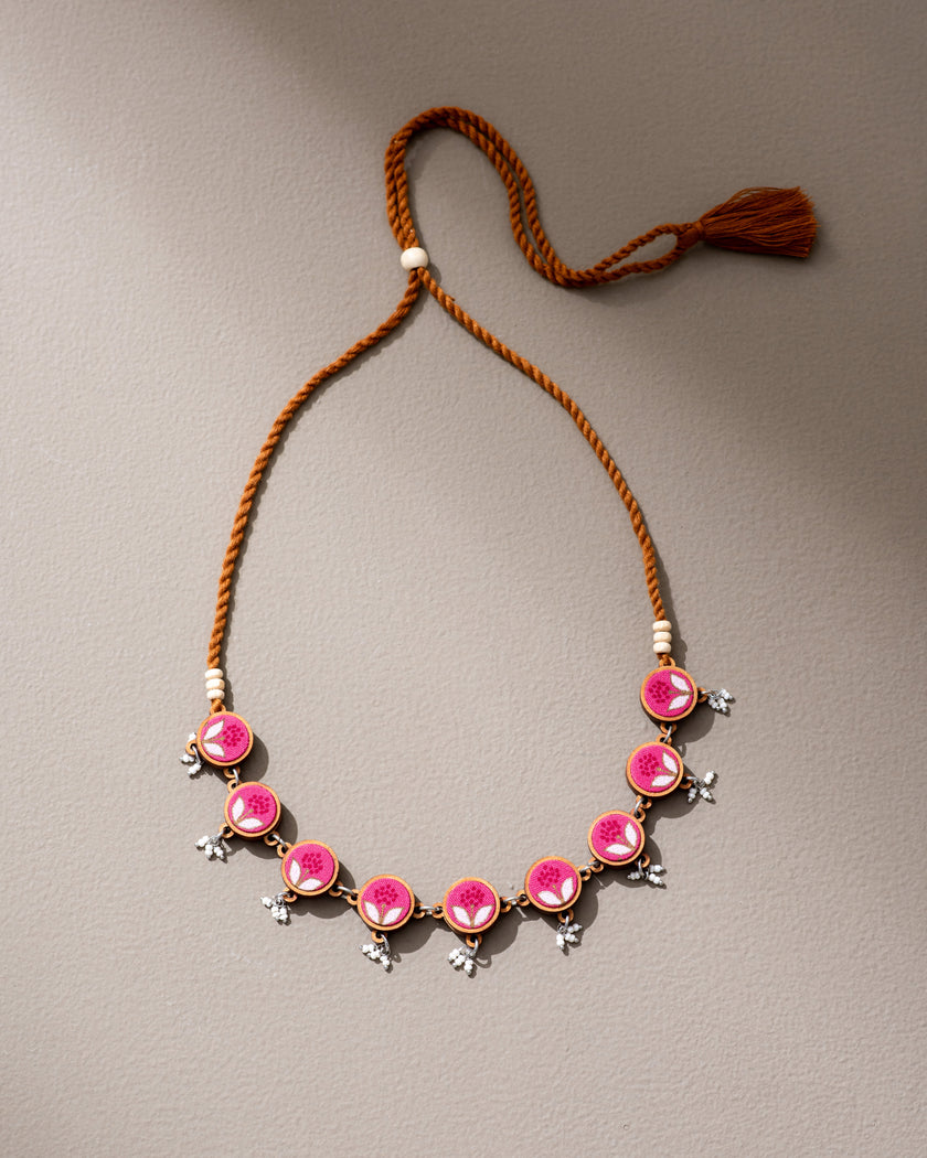 WHE Pink Repurposed Fabric and Wood Flower Choker Necklace
