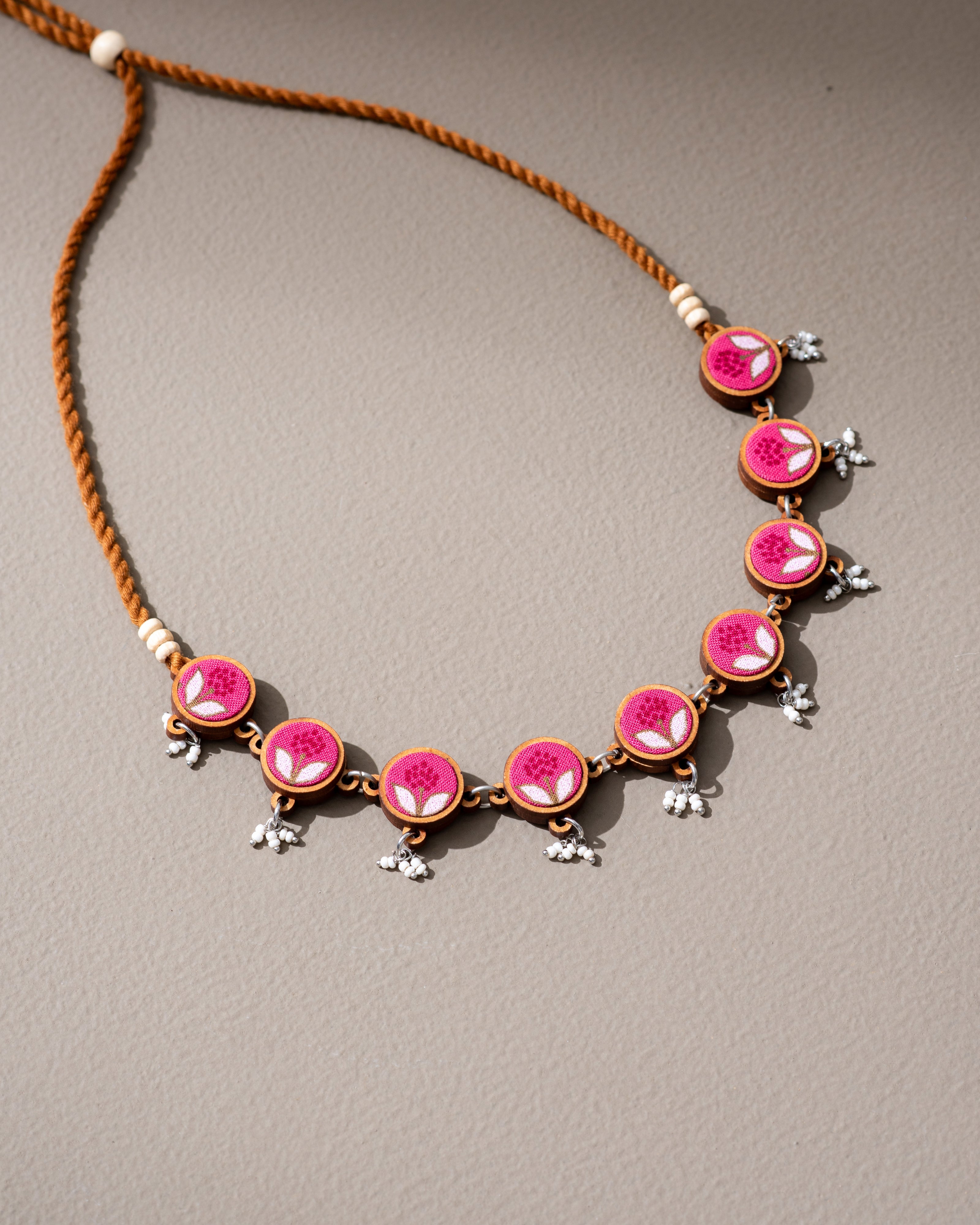 WHE Pink Repurposed Fabric and Wood Flower Choker Necklace