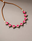 WHE Pink Repurposed Fabric and Wood Flower Choker Necklace