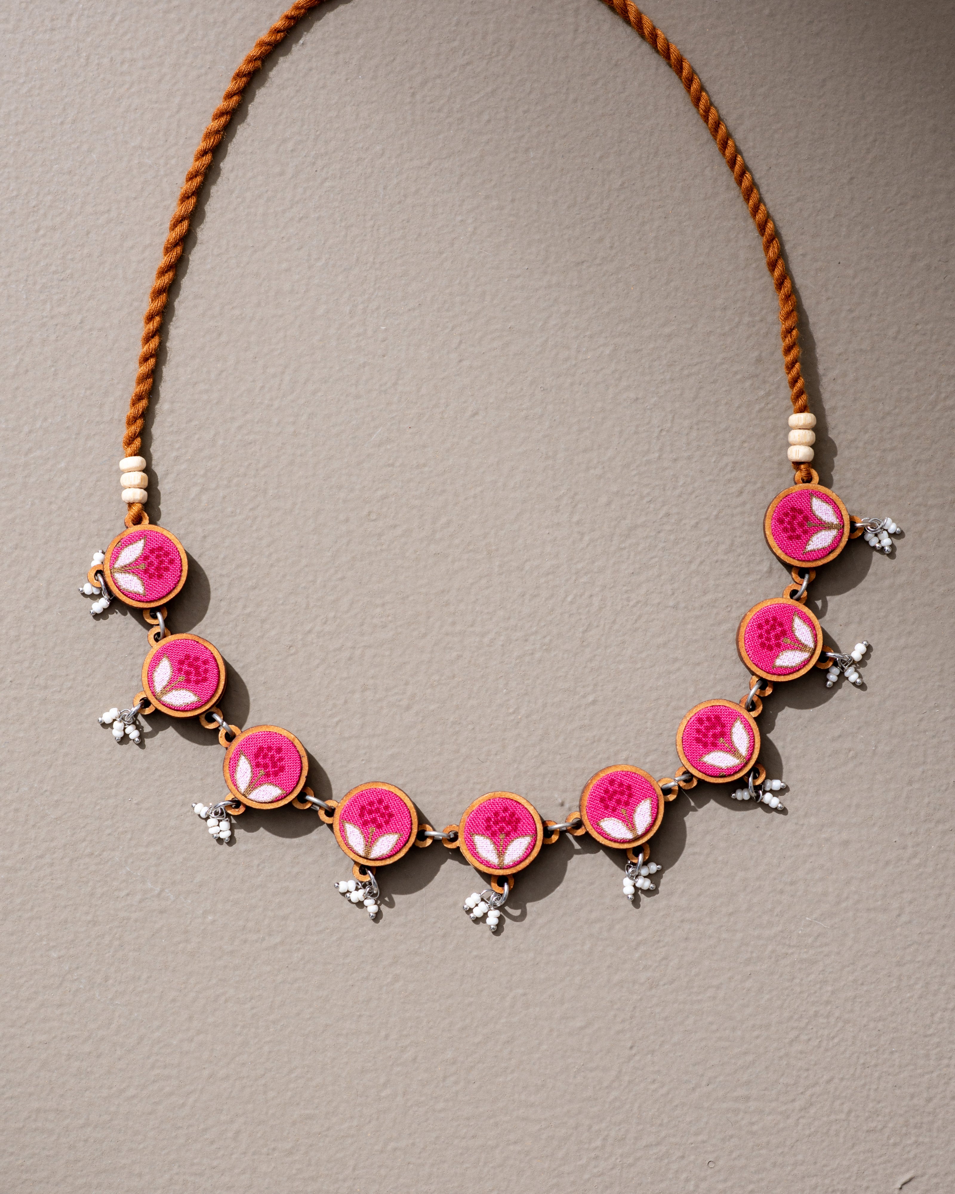 WHE Pink Repurposed Fabric and Wood Flower Choker Necklace