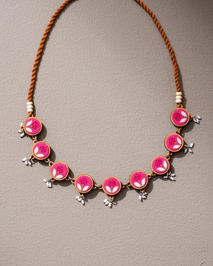 WHE Pink Repurposed Fabric and Wood Flower Choker Necklace
