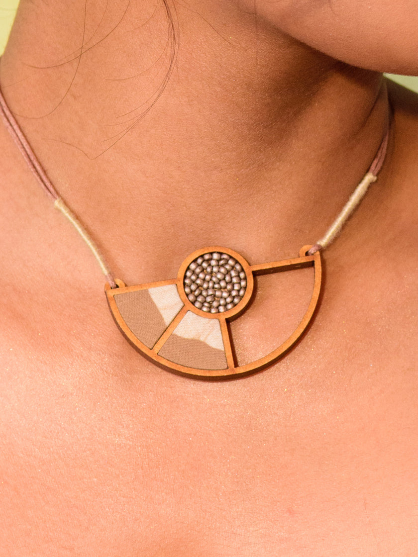 WHE Beige and White Geometrical Repurposed Fabric and Wood Adjustable Pendant Necklace