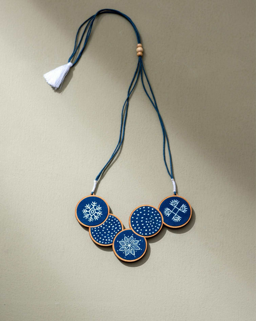 WHE Hand Painted Connected Circle Repurposed Fabric and Wood Necklace