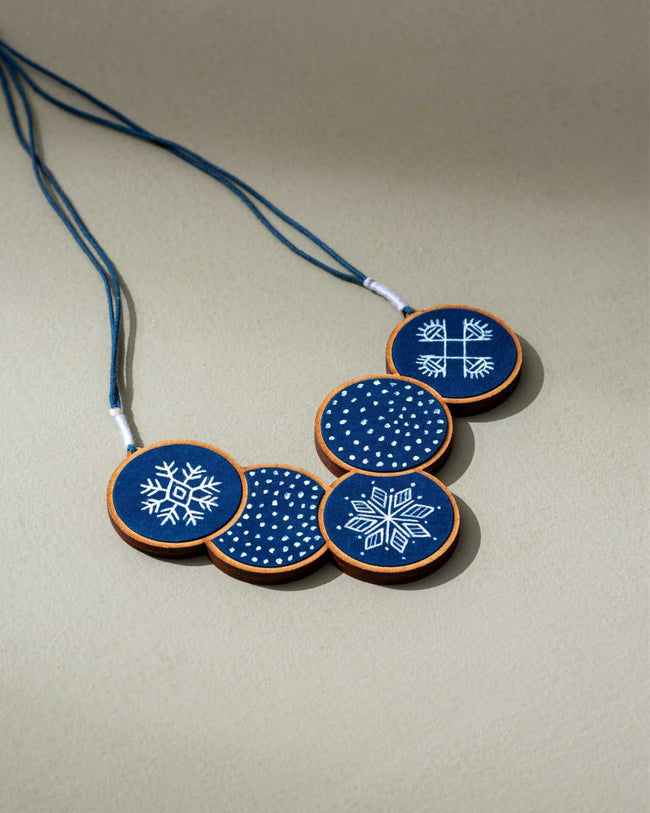 WHE Hand Painted Connected Circle Repurposed Fabric and Wood Necklace