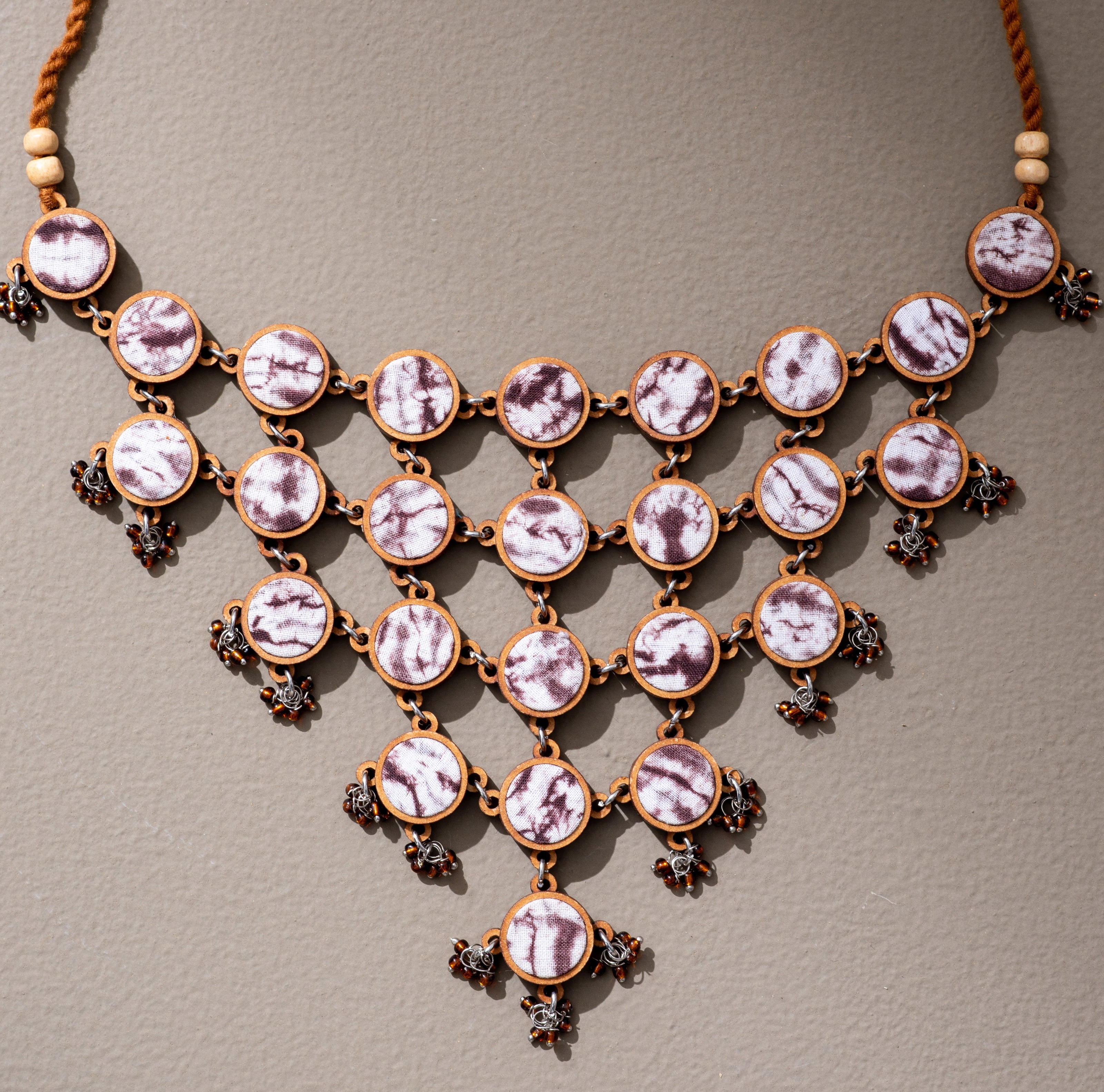 WHE Handcrafted Brown Tie and Dye Repurposed Wood and Fabric Choker Necklace