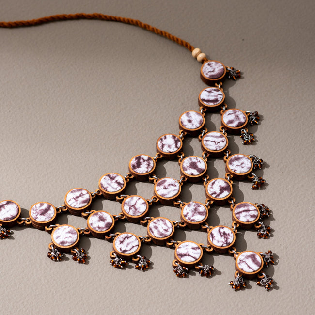WHE Handcrafted Brown Tie and Dye Repurposed Wood and Fabric Choker Necklace