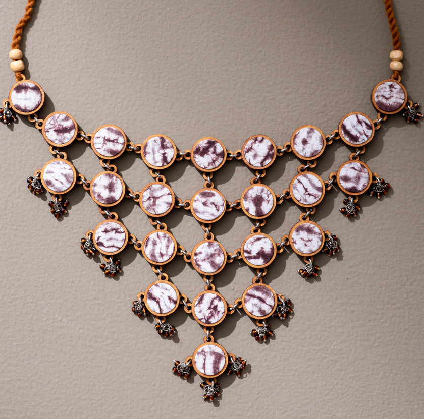 WHE Handcrafted Brown Tie and Dye Repurposed Wood and Fabric Choker Necklace