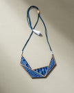 WHE Hand Painted Blue Connecting Triangle Repurposed Fabric and Wood Necklace