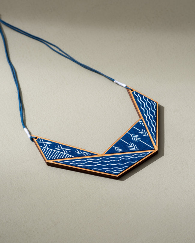 WHE Hand Painted Blue Connecting Triangle Repurposed Fabric and Wood Necklace