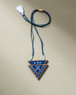 WHE Hand Painted Blue Repurposed Fabric and Wood Triangular Necklace