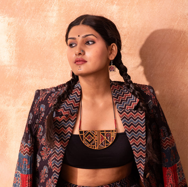 WHE Black Repurposed Ajrakh Fabric and Repurposed Wood Maze Necklace