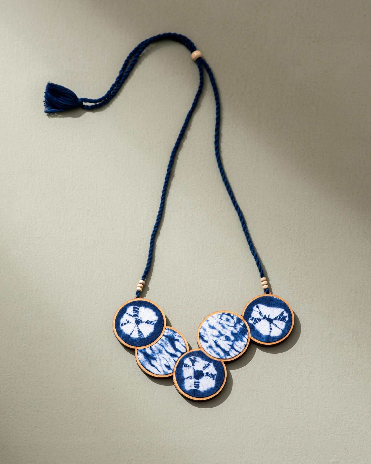 WHE Tie and Dye Blue Connected Circle Repurposed Fabric and Wood Necklace