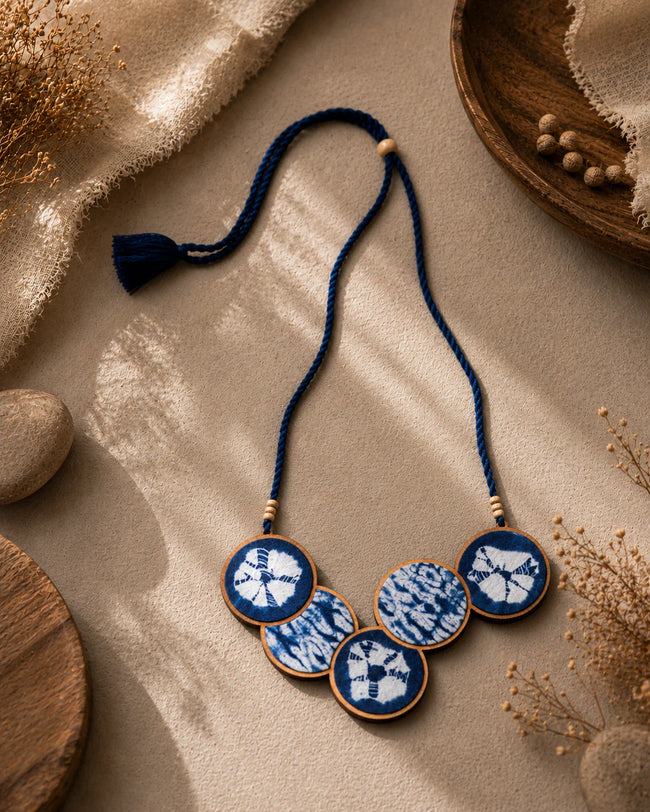 WHE Tie and Dye Blue Connected Circle Repurposed Fabric and Wood Necklace
