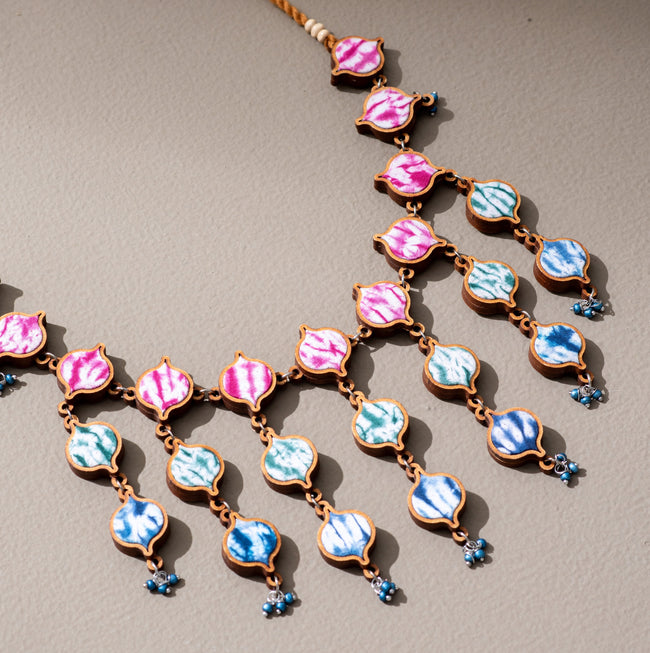 WHE Handcrafted Multicolor Tie and Dye Repurposed Wood and Fabric Statement Necklace