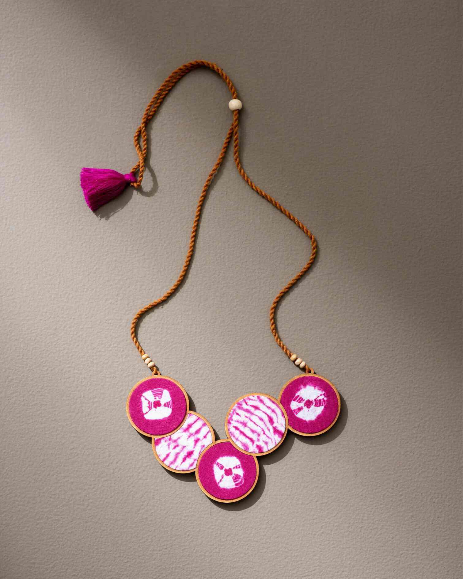 WHE Tie and Dye Pink Connected Circle Repurposed Fabric and Wood Necklace