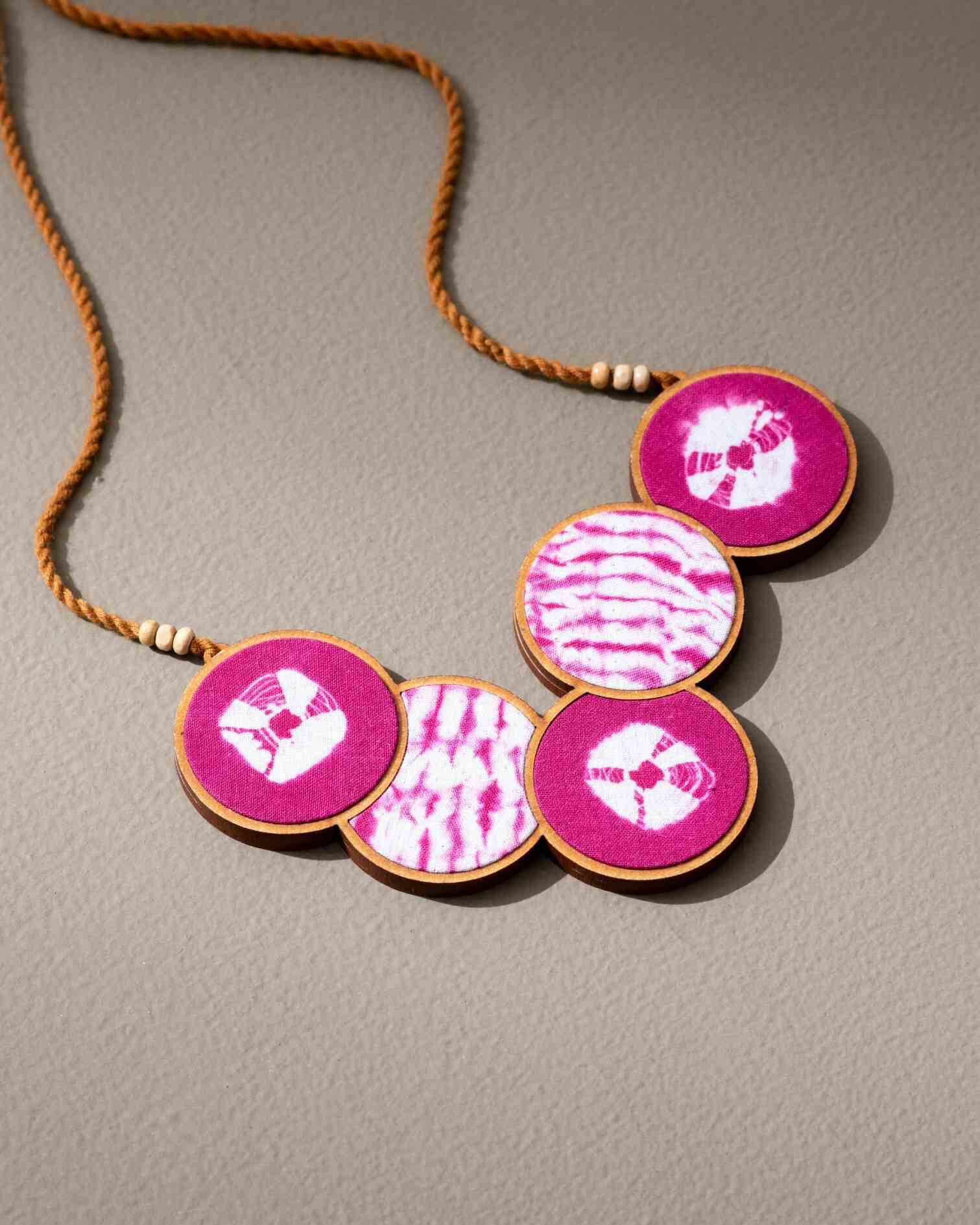 WHE Tie and Dye Pink Connected Circle Repurposed Fabric and Wood Necklace