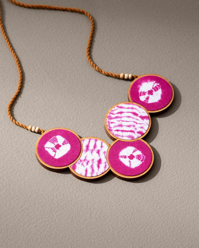 WHE Tie and Dye Pink Connected Circle Repurposed Fabric and Wood Necklace