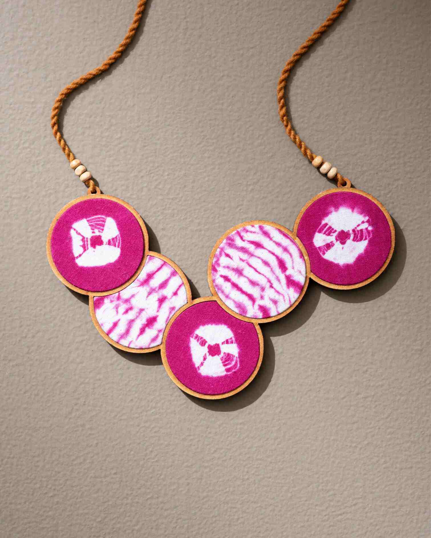 WHE Tie and Dye Pink Connected Circle Repurposed Fabric and Wood Necklace