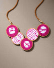 WHE Tie and Dye Pink Connected Circle Repurposed Fabric and Wood Necklace