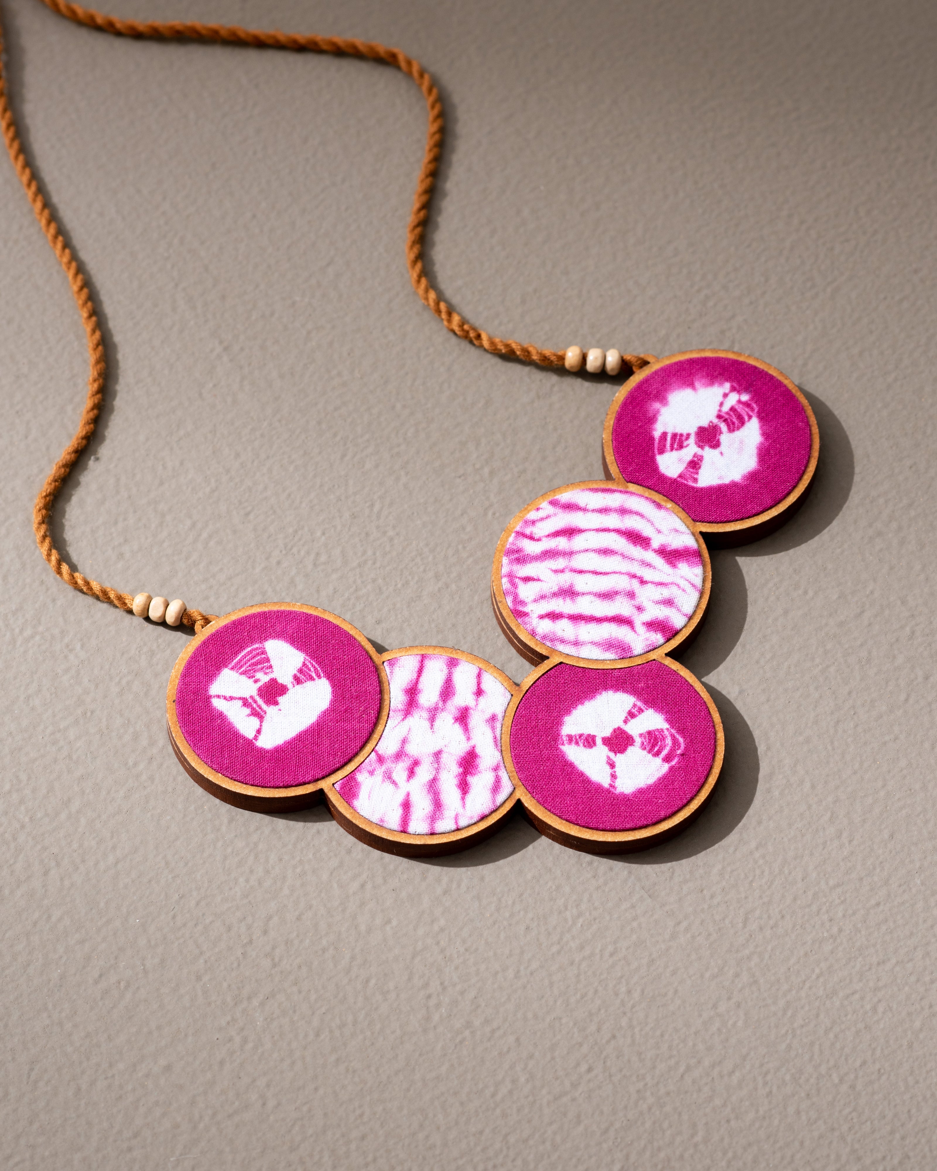 Tie and Dye Pink Connected Circle Repurposed Fabric and Wood Necklace
