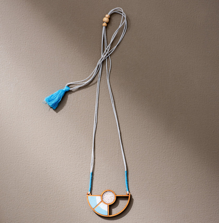 WHE Blue and White Geometrical Repurposed Fabric and Wood Adjustable Pendant Necklace