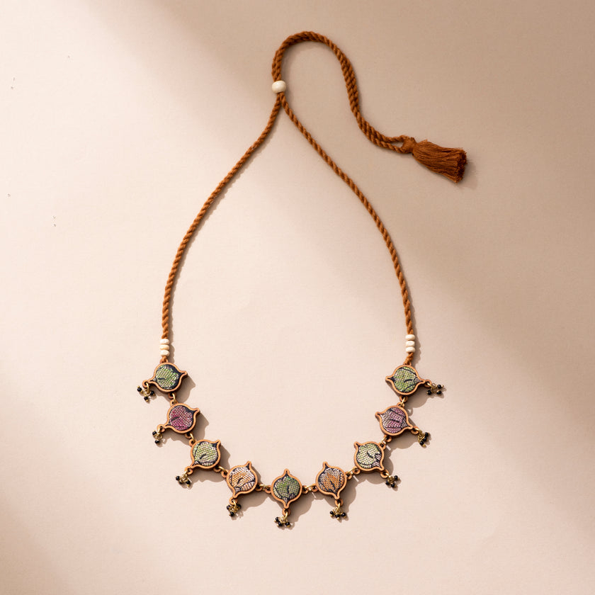 WHE Multicolor Festive Repurposed Fabric and Wood Choker Necklace