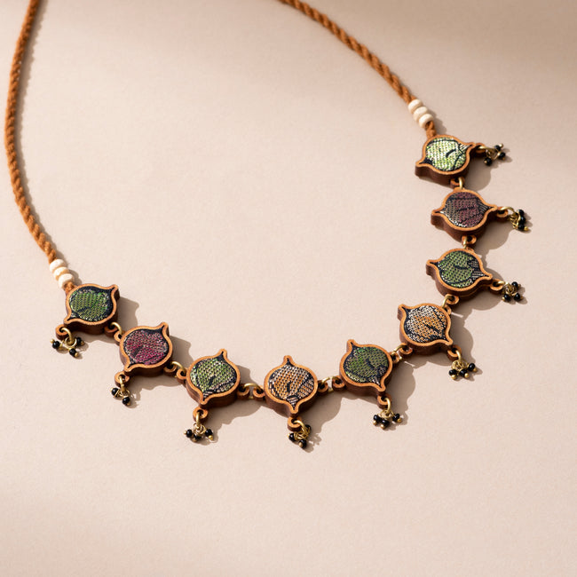 WHE Multicolor Festive Repurposed Fabric and Wood Choker Necklace
