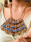 Blue Wave Pattern Kalamkari Repurposed Fabric and Wood Necklace