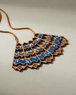 WHE Blue Wave Pattern Kalamkari Repurposed Fabric and Wood Necklace