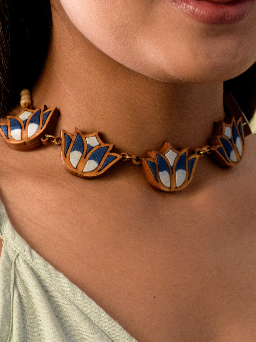 WHE Indigo Bloom Lotus Repurposed Fabric and Wood Necklace